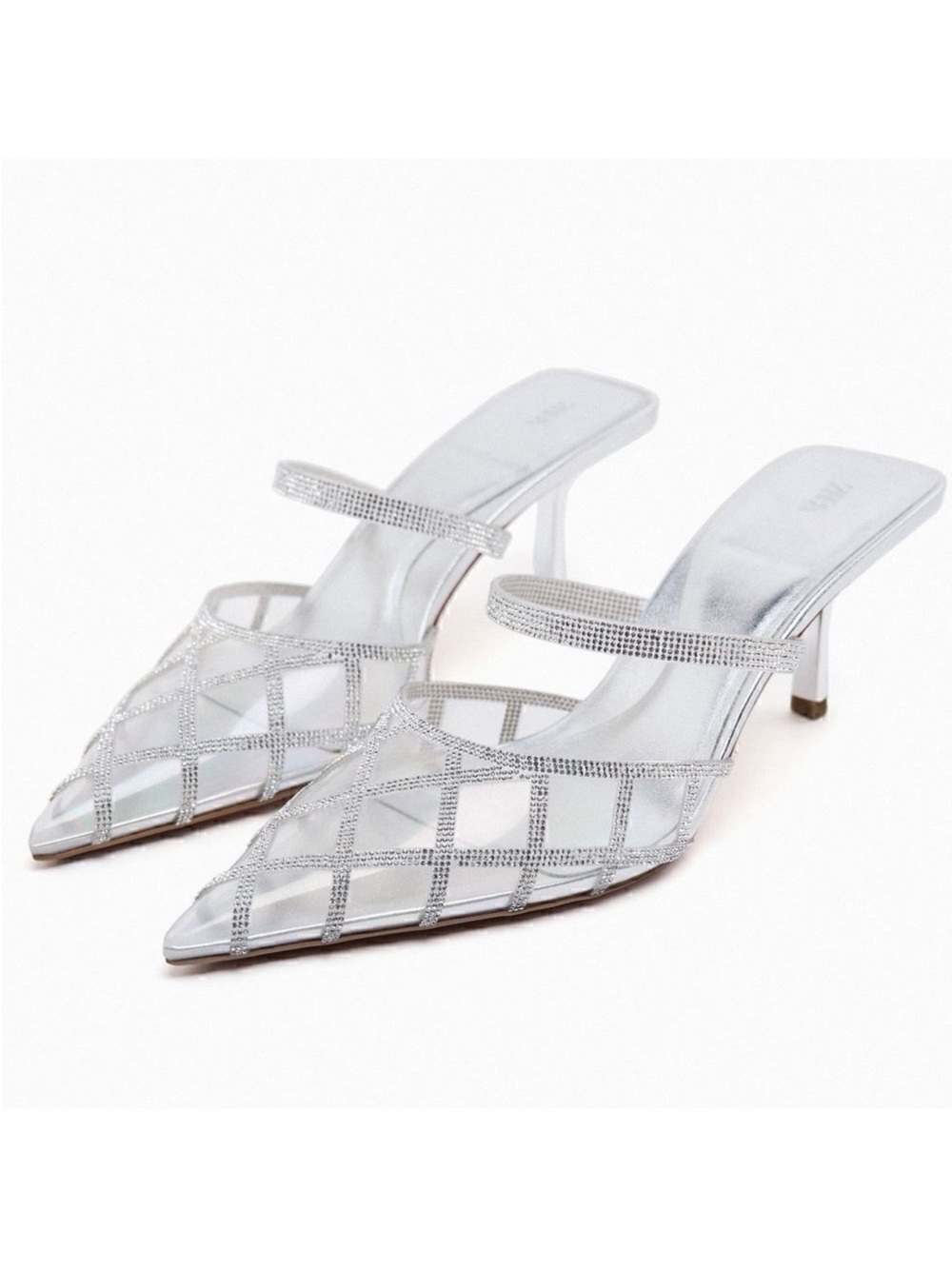 Zara silver tone clear pointy sparkly heels